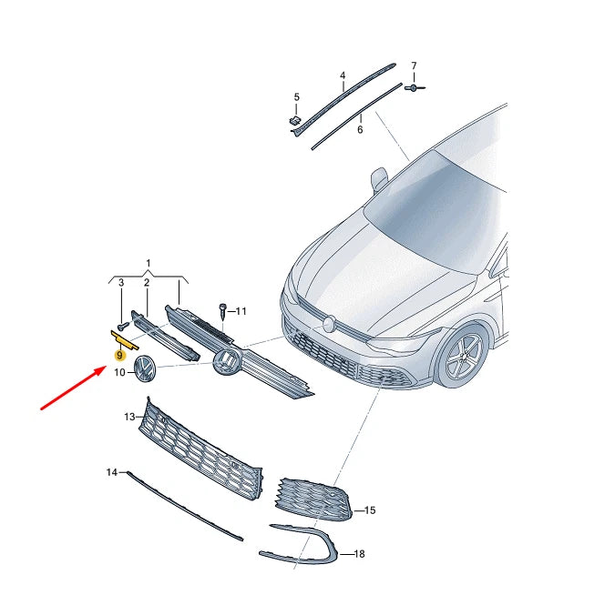 NEW VW GOLF MK8 RADIATOR GRILLE 'GTI' INSCRIPTION 5H0853679MKRR ORIGINAL