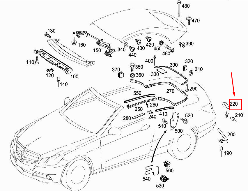 new mercedes-benz e cabrio a207 right rear bow bracket a2097740433 original