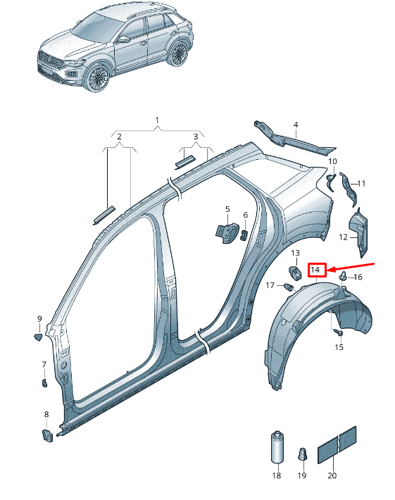 new vw t-roc a1 rear right inner fender 2ga810972b original