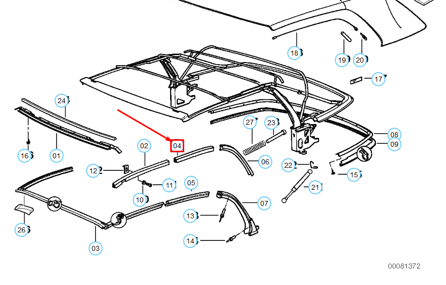 new bmw 3 convertible e36 folding top right center rail 54318135254 original