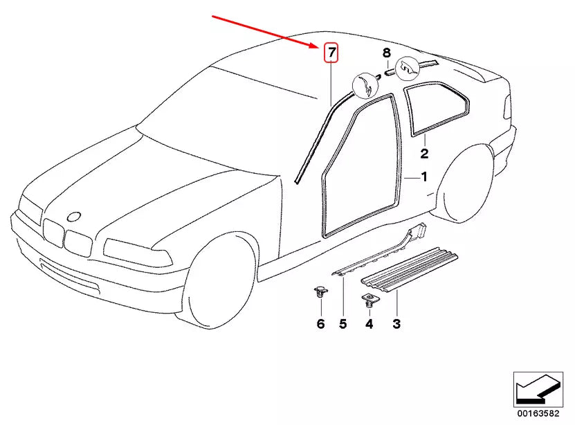 NEW BMW 3 COMPACT E36 LEFT ROOF FRAME GASKET 51718233801 8233801 ORIGINAL