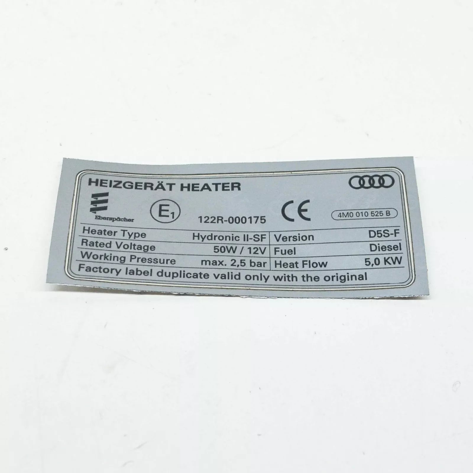 NEW AUDI Q7 4M VEHICLE DATA TAG FOR AUXILIARY HEATER 4M0010525B ORIGINAL