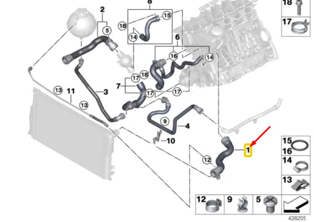 NEW BMW 5 F10 UPPER WATER COOLANT RADIATOR HOSE 17127619684 7619684 ORIGINAL
