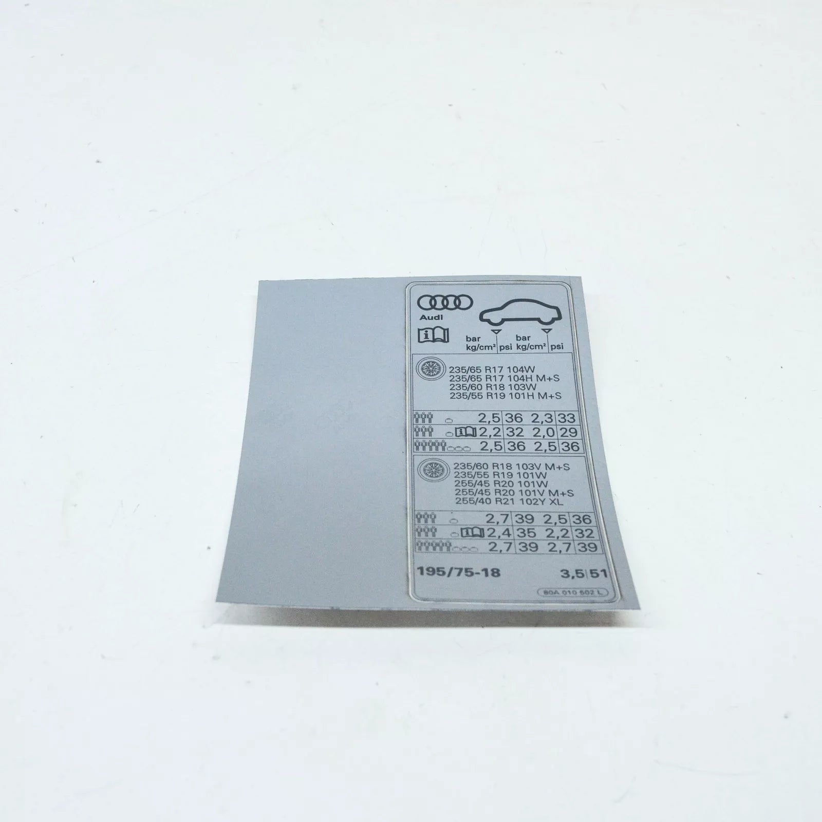 NEW AUDI Q5 FY 80A TYRE PRESSURE DATA PLATE STICKER 80A010502L ORIGINAL