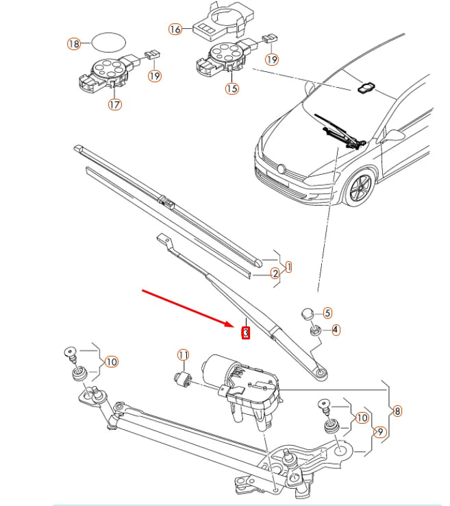 NEW VOLKSWAGEN GOLF MK7 FRONT RIGHT AERO WIPER ARM LHD 5GM955410 ORIGINAL
