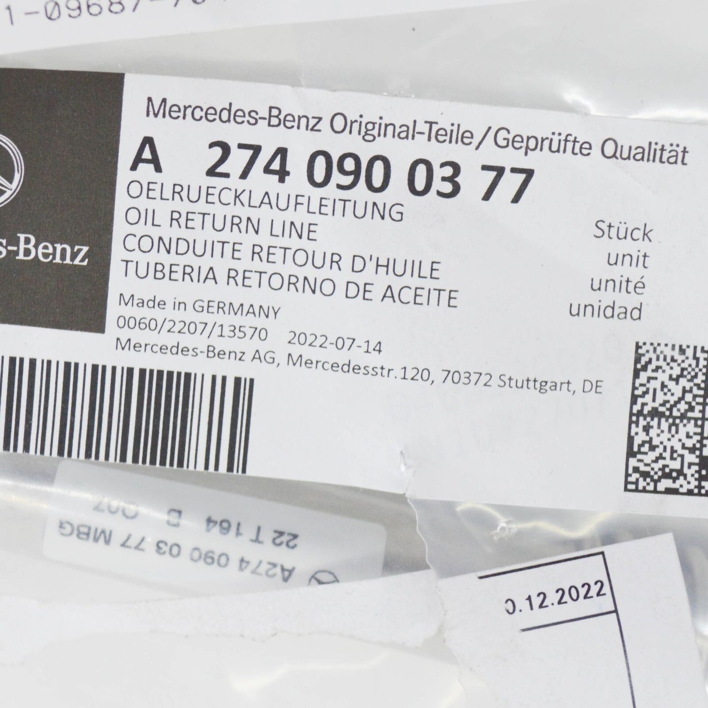 NEW MERCEDES-BENZ C W204 OIL RETURN LINE A2740900377 ORIGINAL