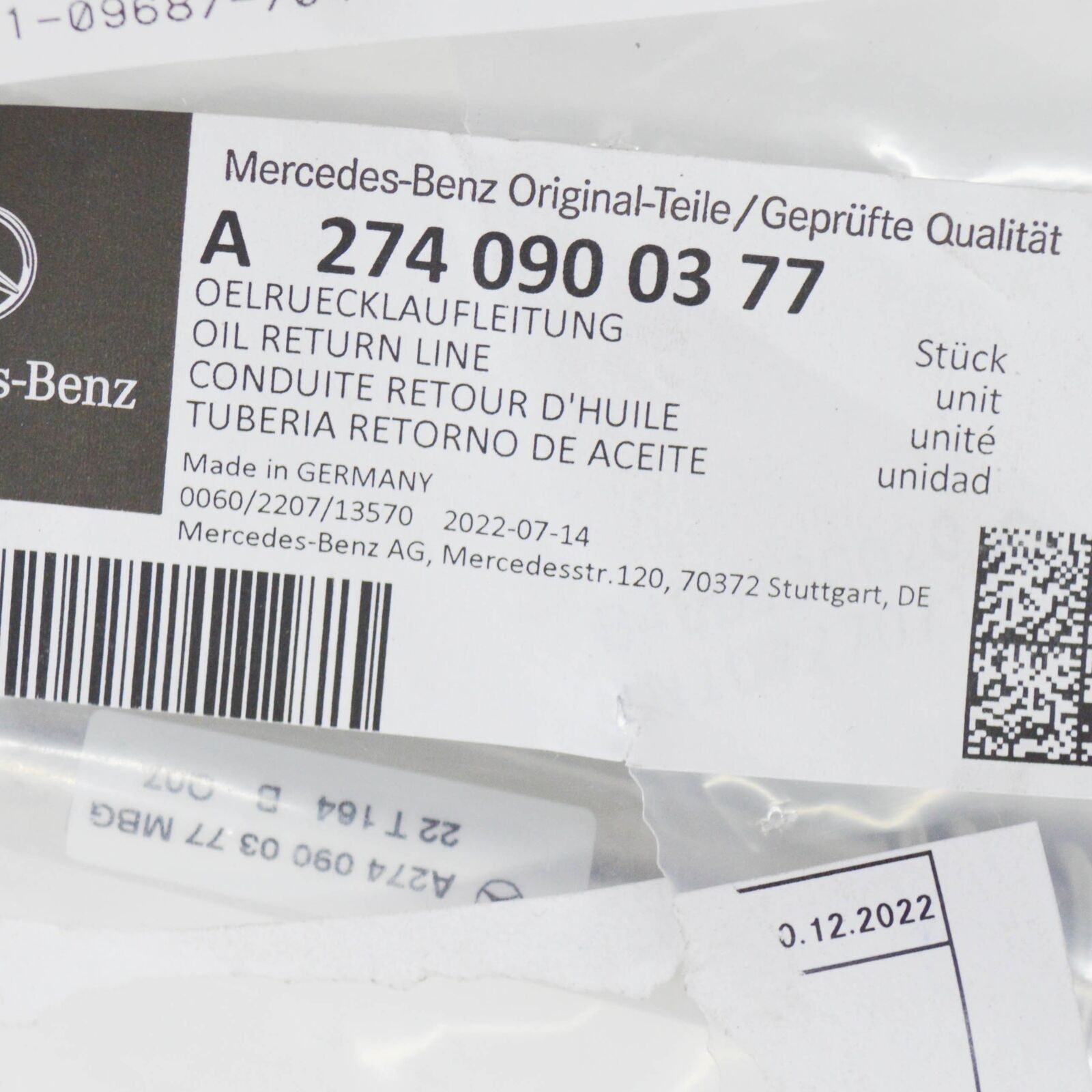 NEW MERCEDES-BENZ C W204 OIL RETURN LINE A2740900377 ORIGINAL