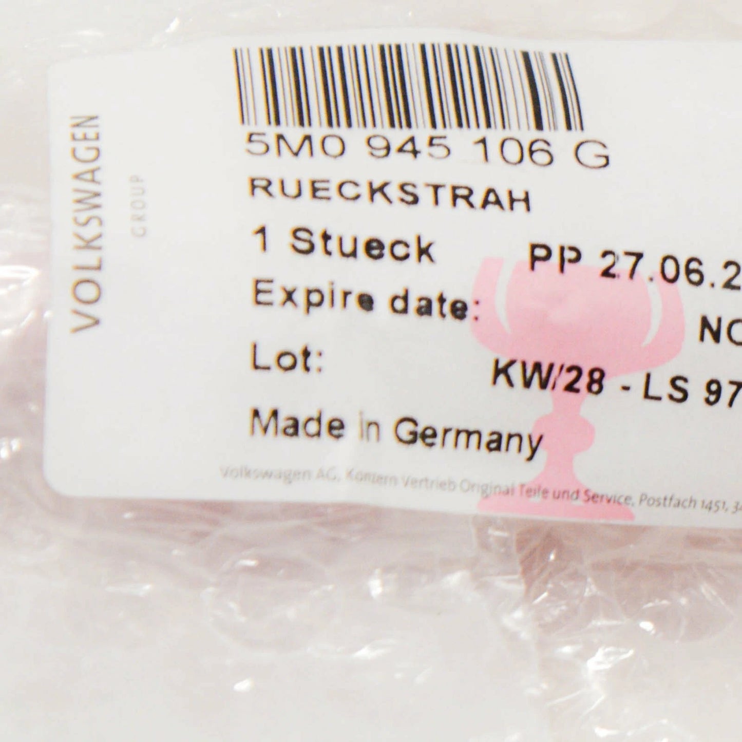 NEW VOLKSWAGEN GOLF PLUS REAR BUMPER RIGHT REFLECTOR 5M0945106G 2007