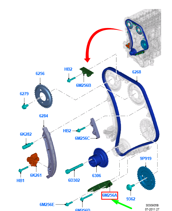 new ford ranger t6 mk1 timing chain guide 717633 bk3q-6m256-db original