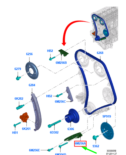 new ford ranger t6 mk1 timing chain guide 717633 bk3q-6m256-db original
