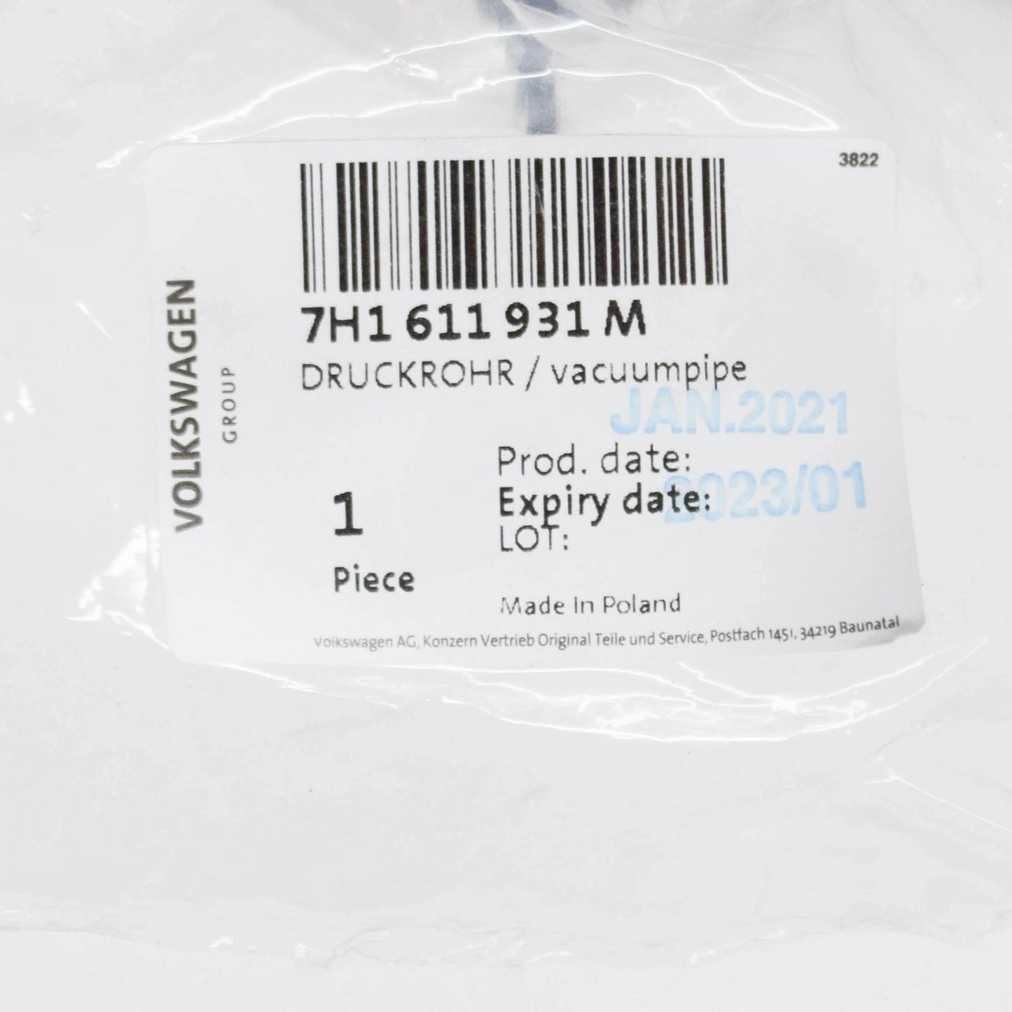 NEW VW TRANSPORTER T5 BRAKE SERVO VACUUM PIPE LHD 7H1611931M