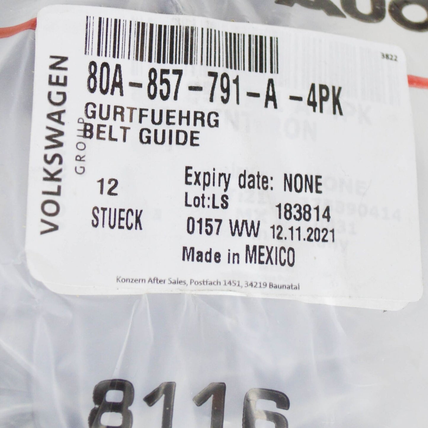 NEW AUDI Q5 FY REAR LEFT SEAT BELT GUIDE 80A857791A 4PK 80A857791A4PK ORIGINAL