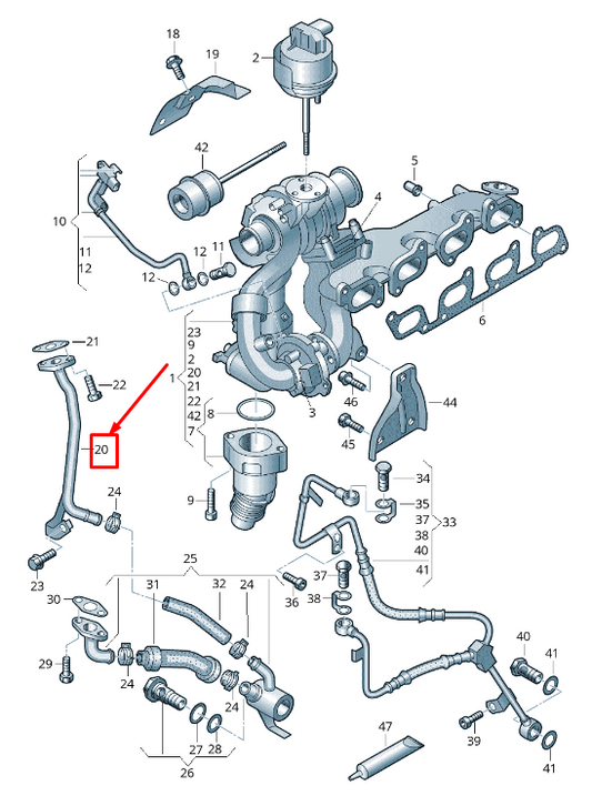 new vw amarok 2h turbocharger oil return line 03l145735g original