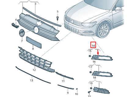 NEW VOLKSWAGEN PASSAT B8 3G2 FRONT RIGHT BUMPER GRILLE 3G08546629B9 ORIGINAL