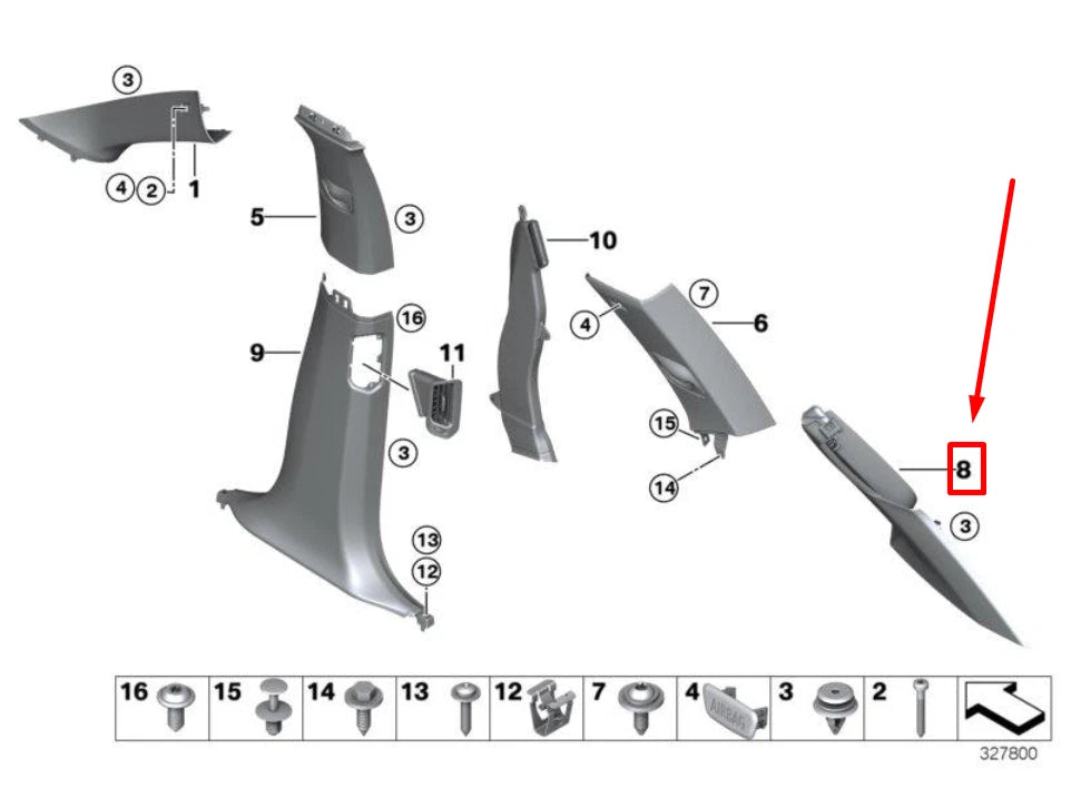 NEW BMW X5 F15, F85 UPPER RIGHT D-PILLAR COVER 7328214 51437328214 ORIGINAL