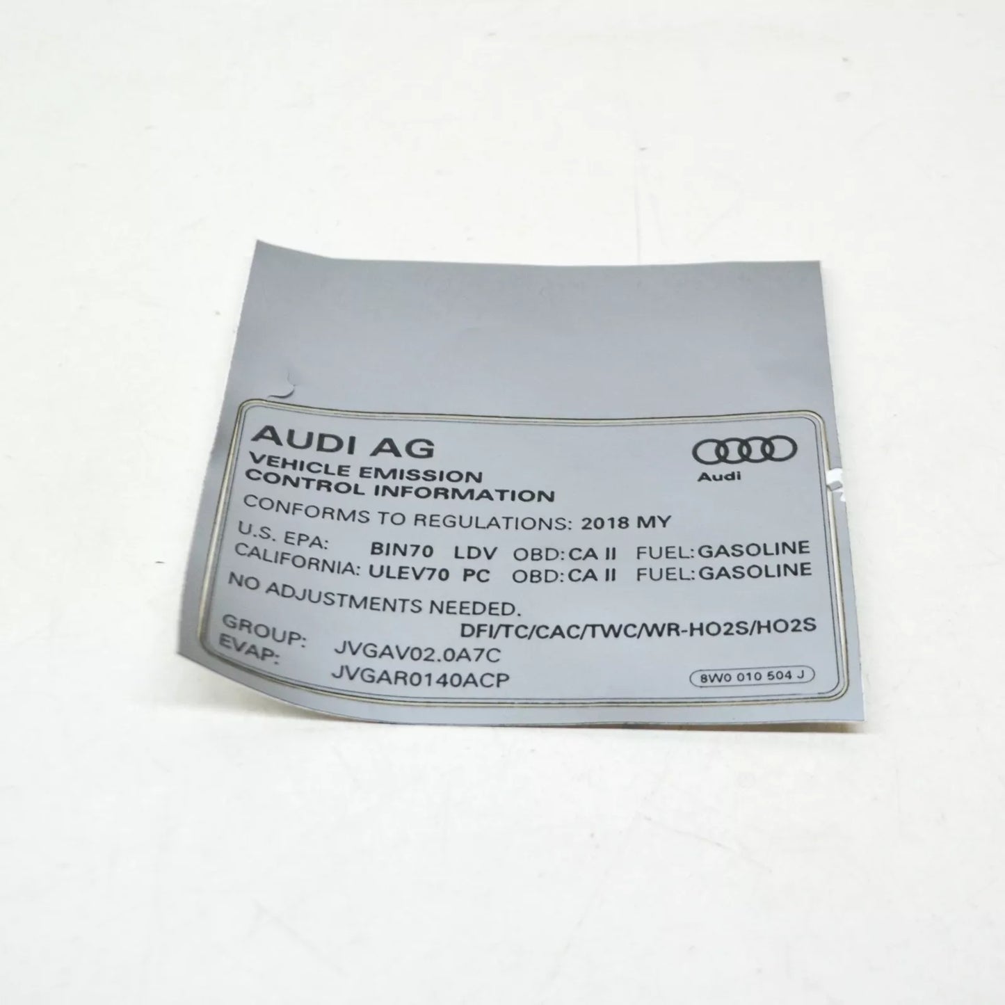 NEW AUDI A4 AVANT B9 EMISSION CONTROL INFORMATION LABEL 8W0010504J ORIGINAL