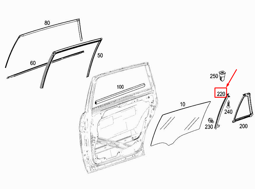 new mercedes-benz r w251 rear right door window divider a2517300219 original