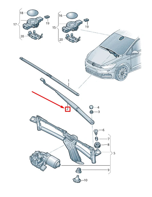 NEW VW TOURAN 5T FRONT RIGHT WIPER ARM RHD 5TC955410
