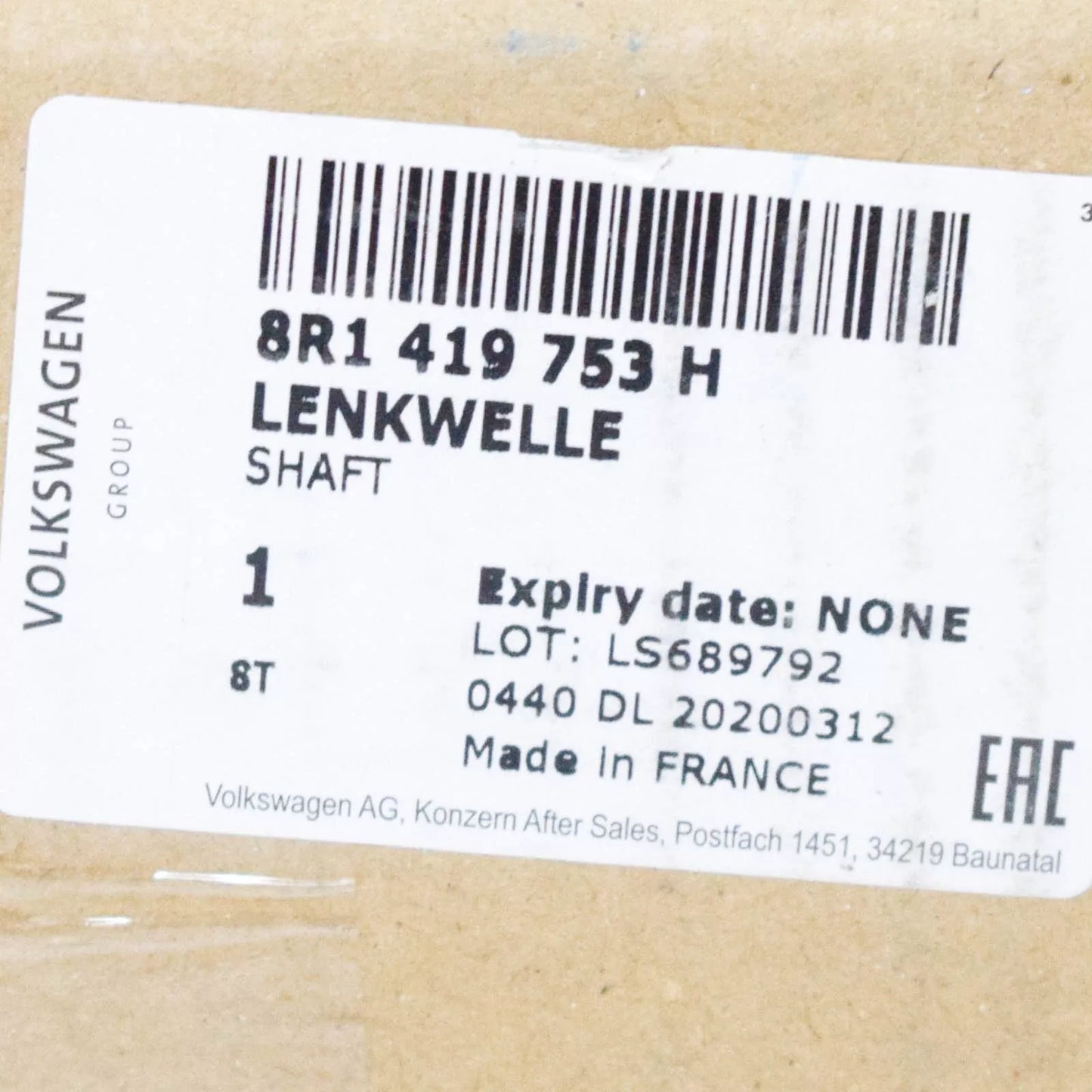 NEW AUDI Q5 8R STEERING INTERMEDIATE SHAFT LHD 8R1419753H ORIGINAL