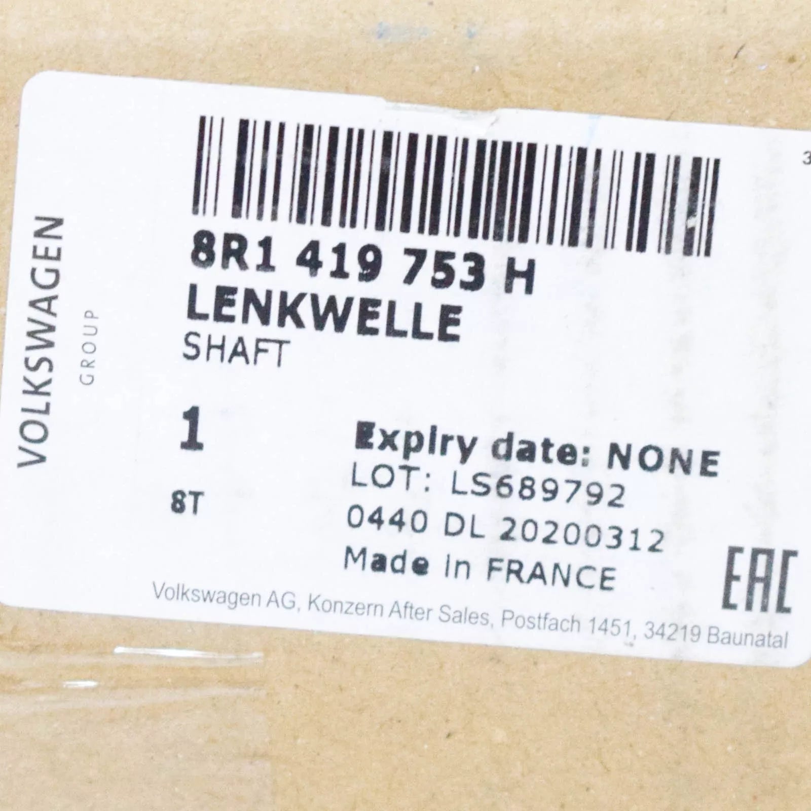 NEW AUDI Q5 8R STEERING INTERMEDIATE SHAFT LHD 8R1419753H ORIGINAL