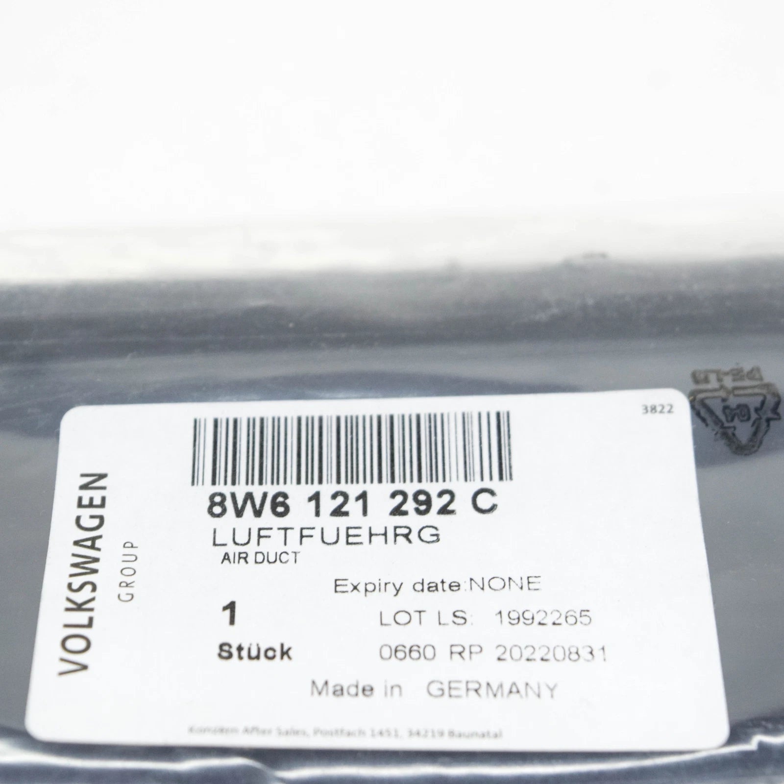 NEW AUDI RS4 B9 FRONT LOWER AIR DUCT 8W6121292C ORIGINAL