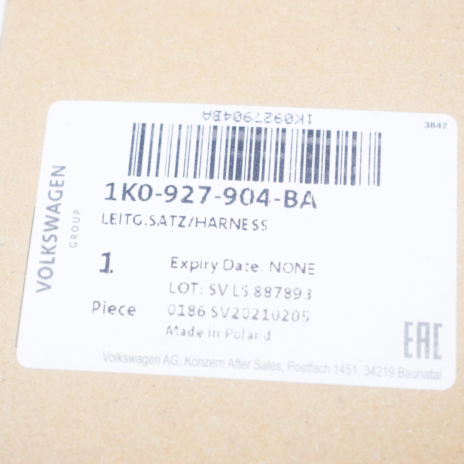 NEW AUDI A3 8P REAR LEFT ABS SENSOR WIRING HARNESS 1K0927904BA ORIGINAL