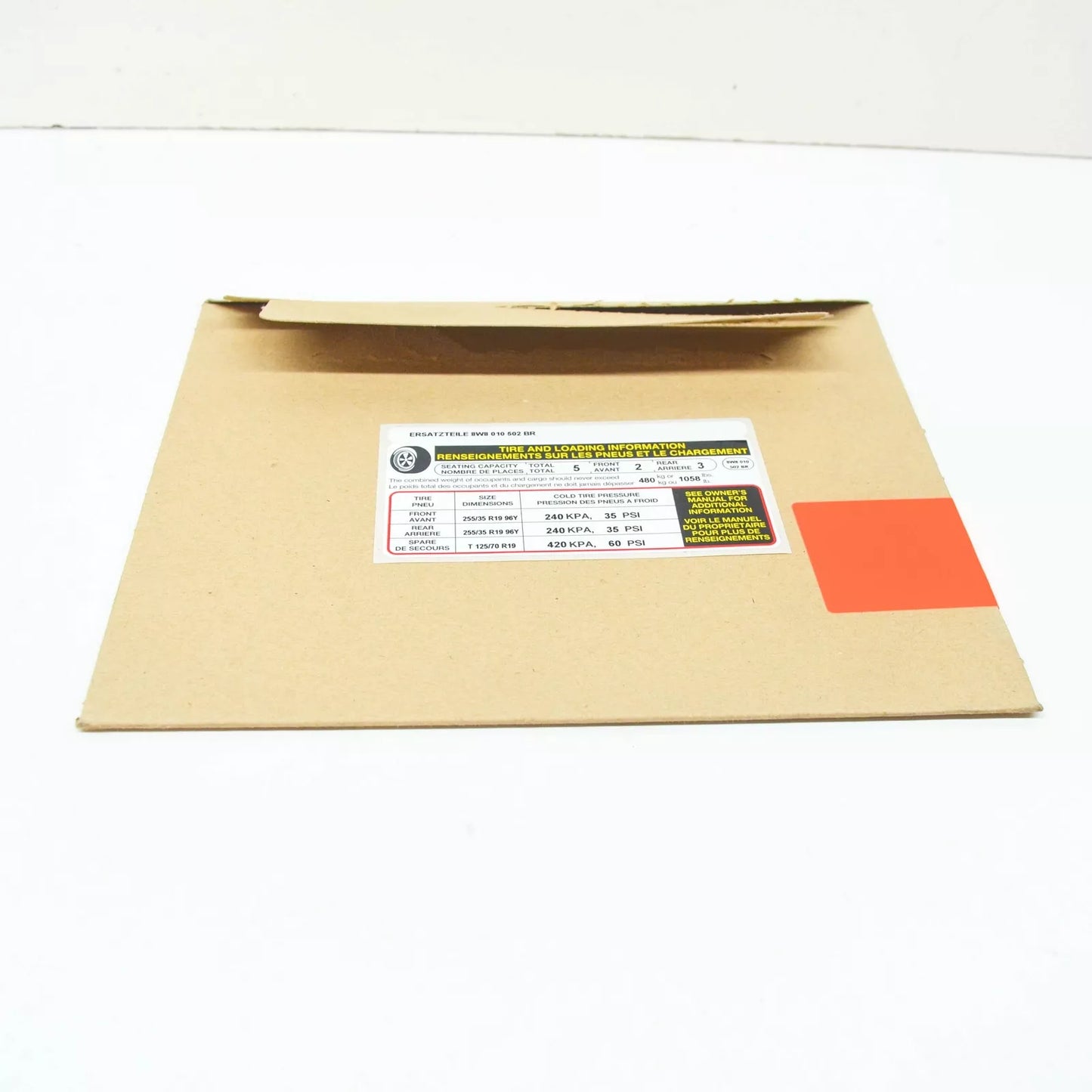 NEW AUDI A5 8W6 TYRE PRESSURE DATA PLATE STICKER 8W8010502BR ORIGINAL