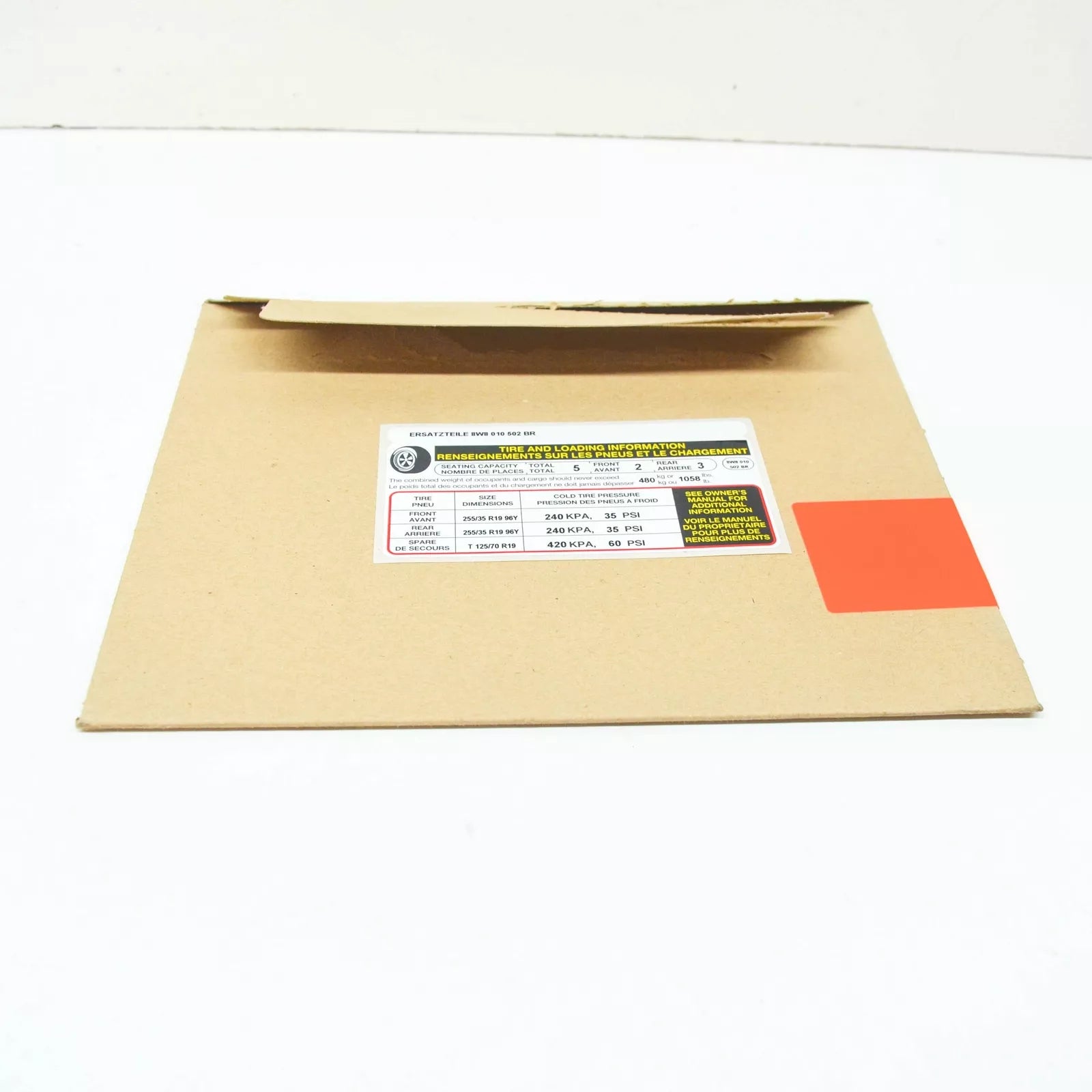 NEW AUDI A5 8W6 TYRE PRESSURE DATA PLATE STICKER 8W8010502BR ORIGINAL