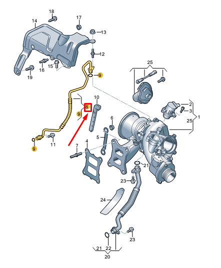 new vw golf cd mk8 upper turbocharger oil line 06q145778b original