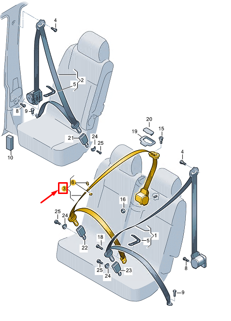new vw caddy sb mk4 rear center seatbelt 2k7857807araa original