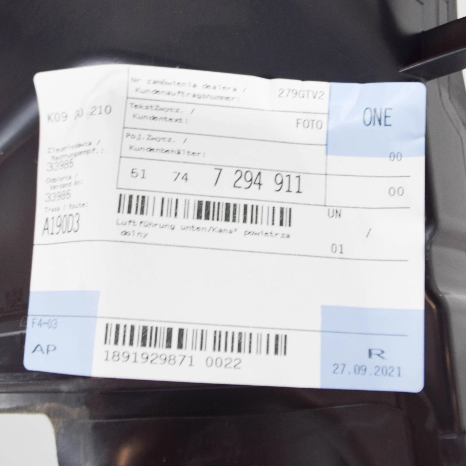 NEW BMW 3 GT F34 FRONT RADIATOR LOWER AIR DUCT 51747294911 7294911 2016 ORIGINAL