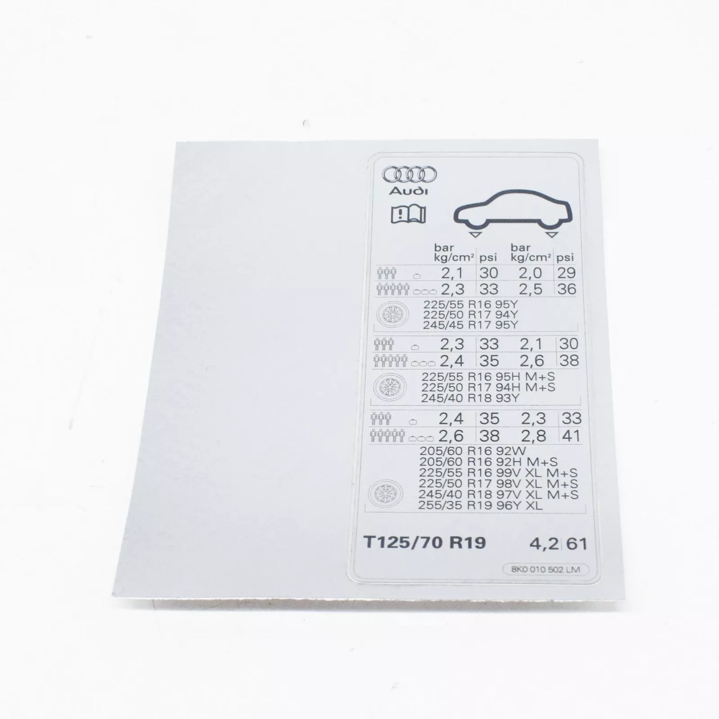 NEW AUDI A4 B8 TYRE PRESSURE DATA PLATE 8K0010502LM ORIGINAL