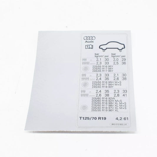 NEW AUDI A4 B8 TYRE PRESSURE DATA PLATE 8K0010502LM ORIGINAL