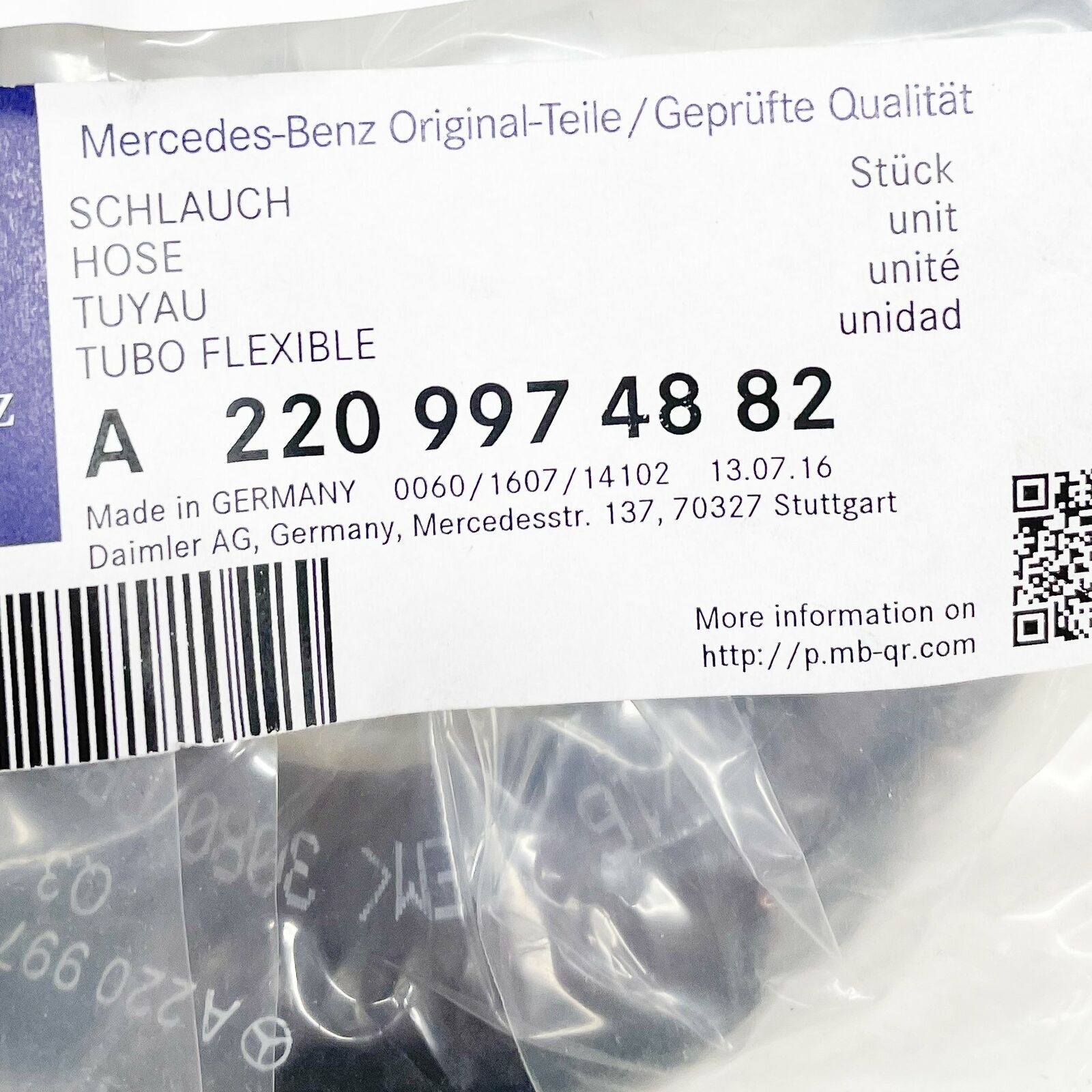 NEW MERCEDES-BENZ S W220 OIL TANK SUCTION HOSE A2209974882 ORIGINAL