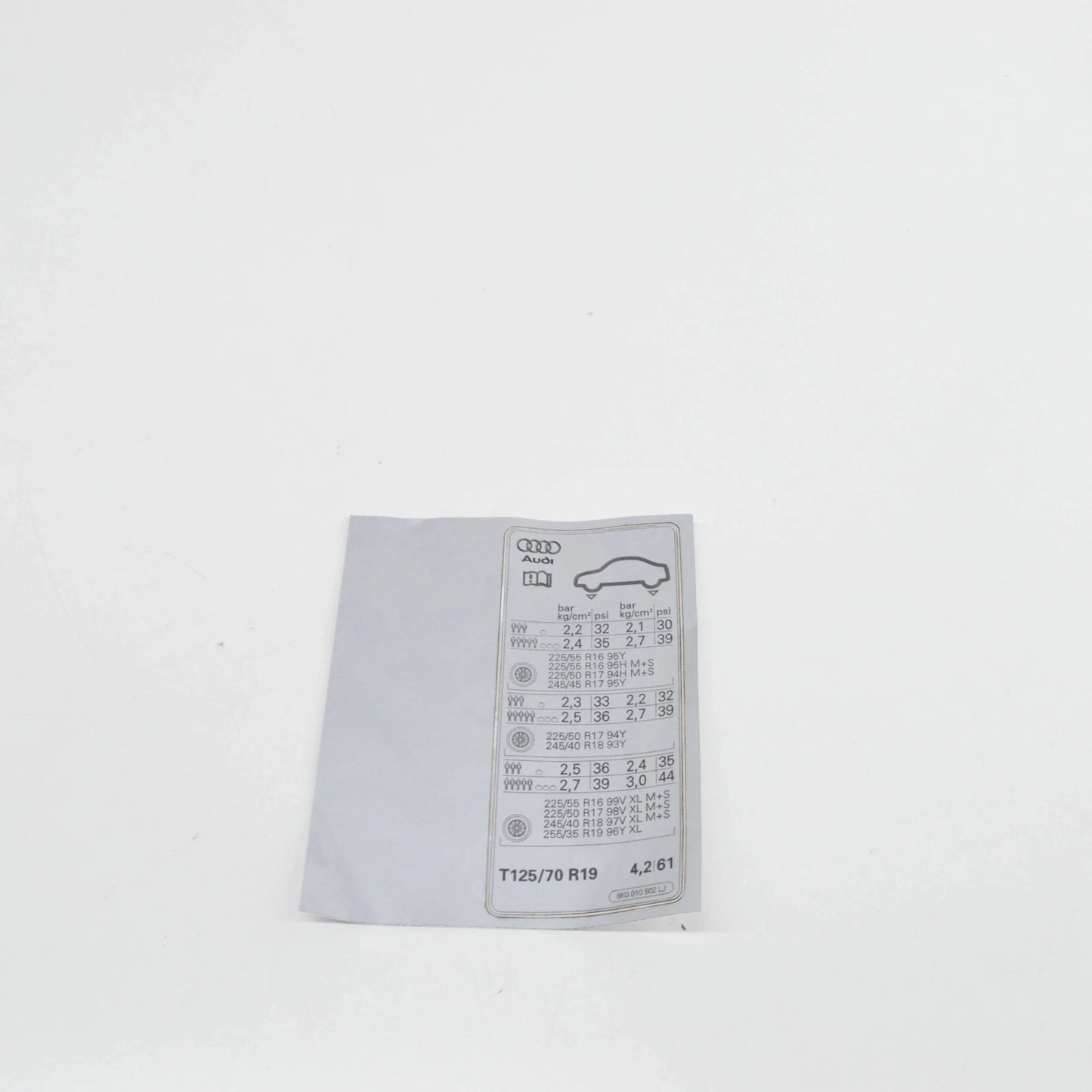 NEW AUDI A4 B8 TYRE PRESSURE DATA PLATE 8K0010502LJ ORIGINAL