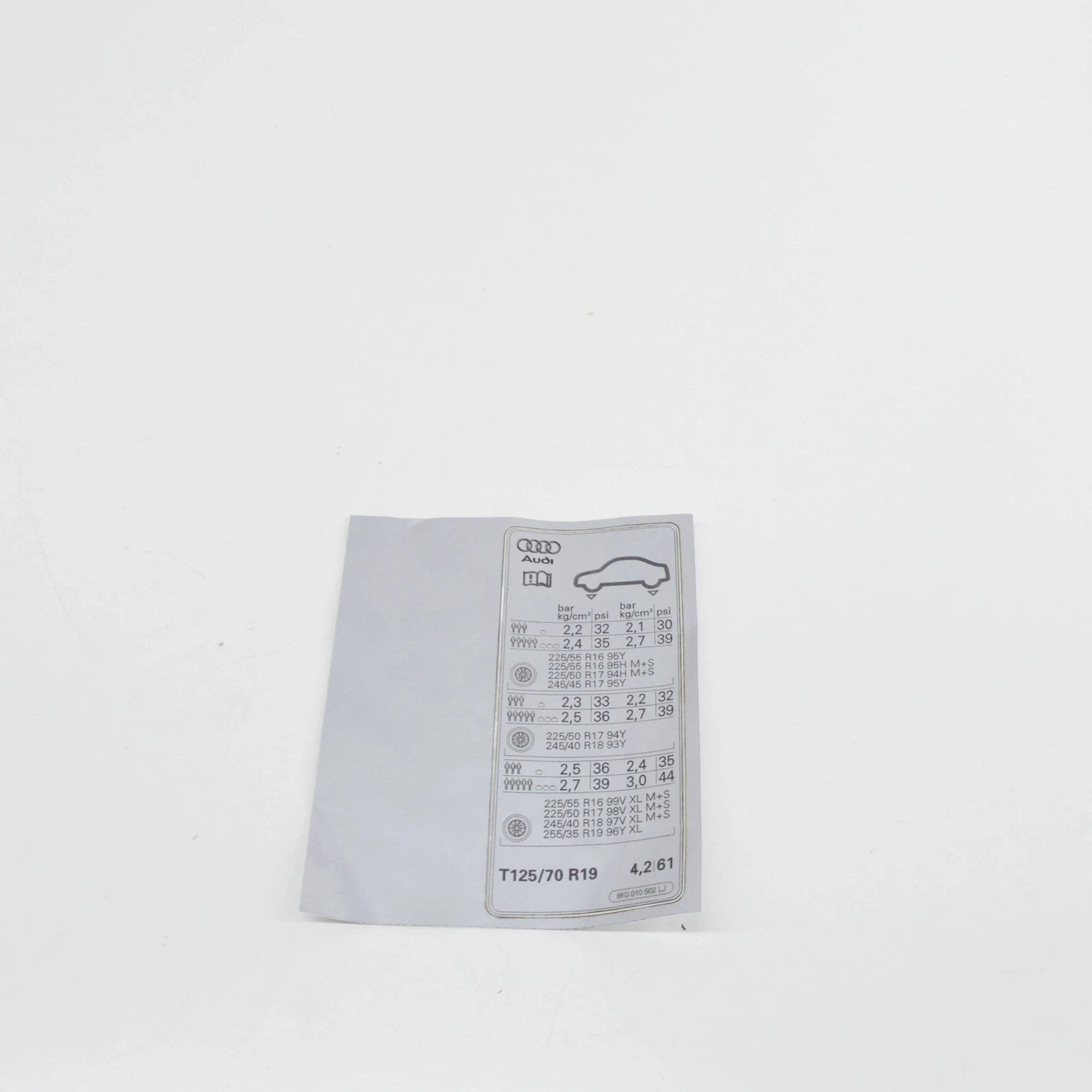 NEW AUDI A4 B8 TYRE PRESSURE DATA PLATE 8K0010502LJ ORIGINAL