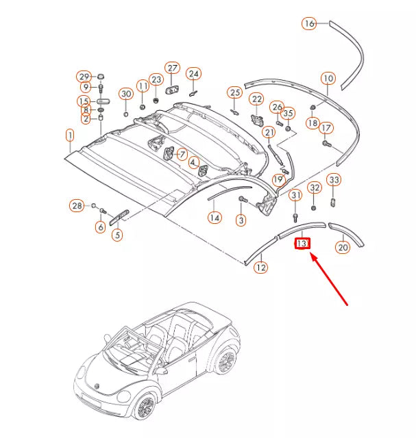 NEW VW BEETLE CONVERTIBLE 1Y TOP FRAME CENTER LEFT SEAL 1Y0871361B ORIGINAL