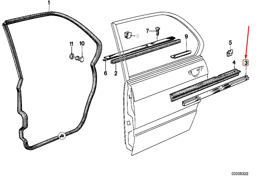NEW BMW 5 E28 REAR LEFT DOOR MOLDING 51221959993 1959993 ORIGINAL
