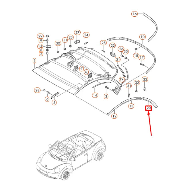 NEW VW BEETLE CONVERTIBLE 1Y TOP FRAME REAR LEFT SEAL 1Y0871455B ORIGINAL