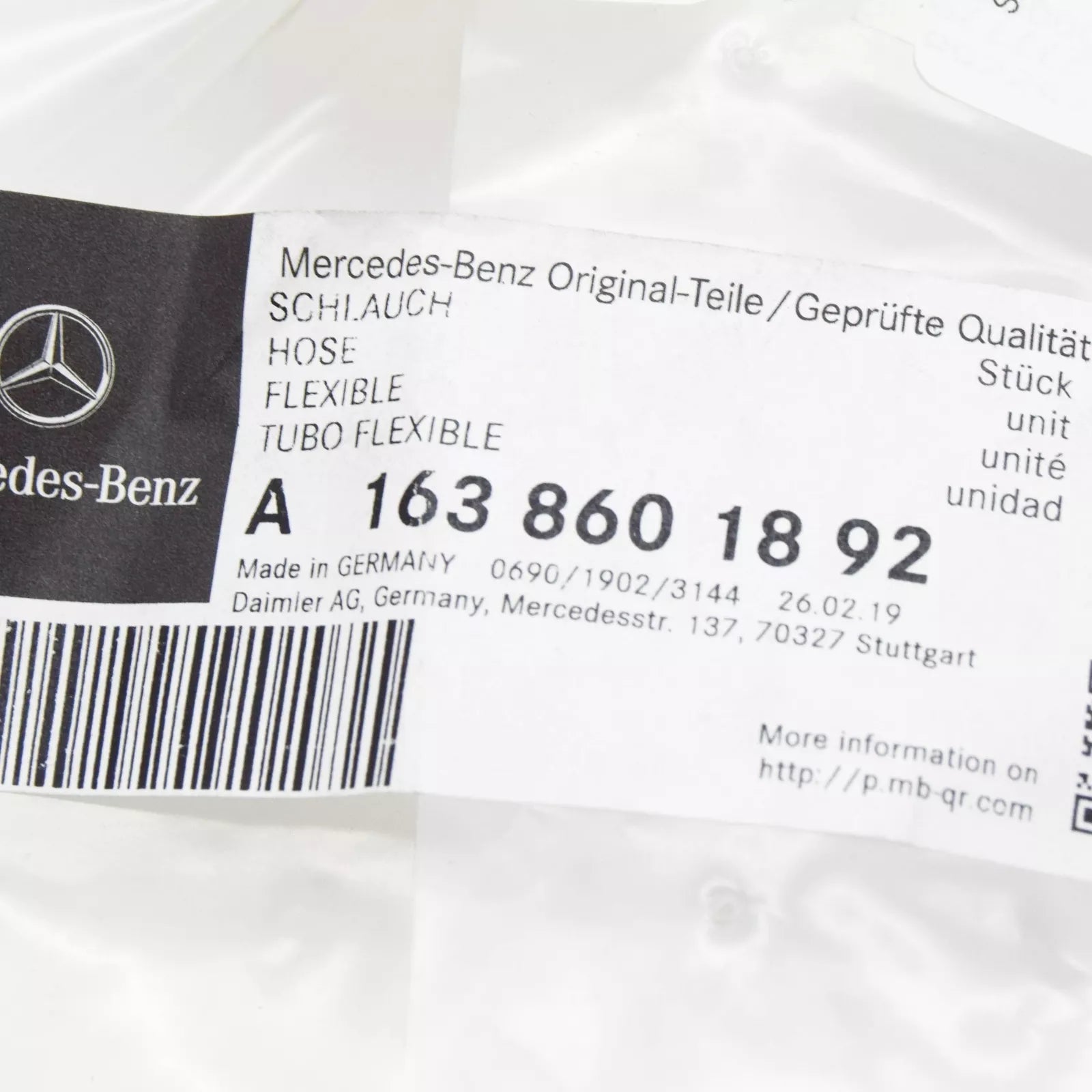 NEW MERCEDES BENZ ML W163 HEADLAMP WASHER HOSE LINE PIPE A1638601892 ORIGINAL