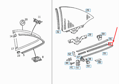 new mercedes-benz clk c208 rear side window sealing rail a2086730126 original