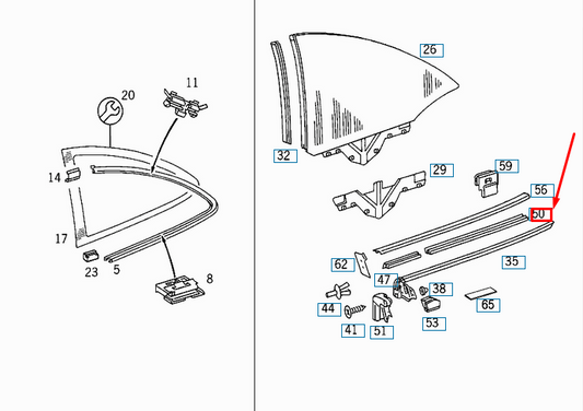 new mercedes-benz clk c208 rear side window sealing rail a2086730126 original