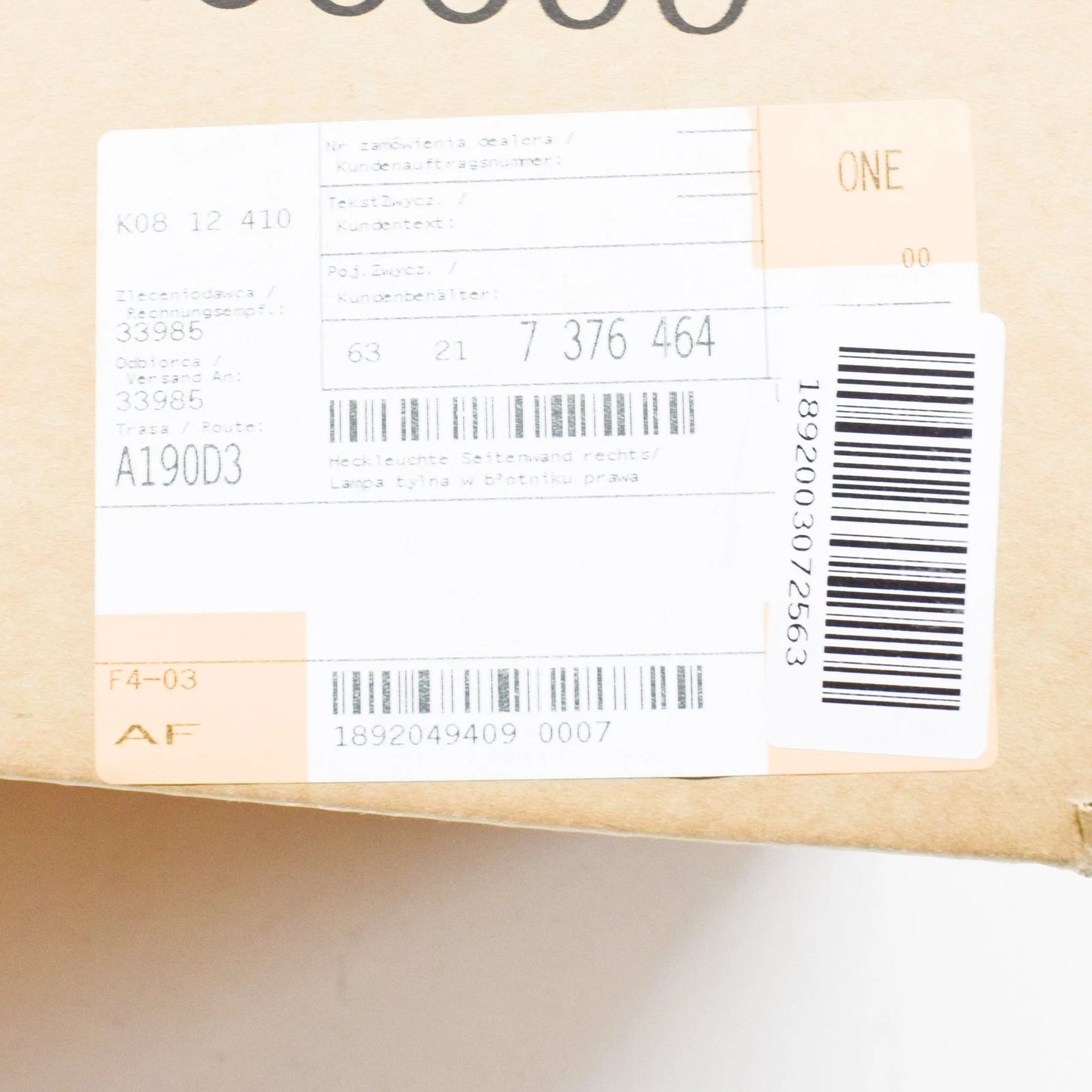 NEW BMW 5 G30 REAR RIGHT OUTER TAIL LIGHT 7376464 63217376464 ORIGINAL