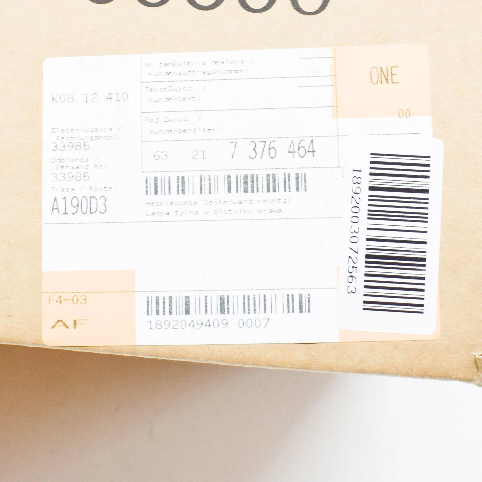 NEW BMW 5 G30 REAR RIGHT OUTER TAIL LIGHT 7376464 63217376464 ORIGINAL