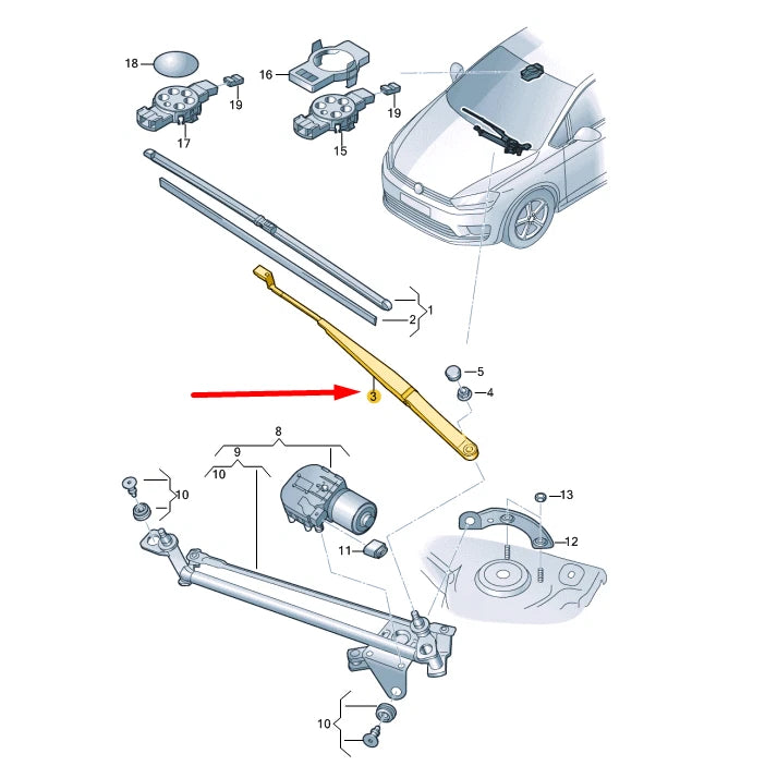 NEW VW GOLF SPORTSVAN AM1 FRONT RIGHT WIPER ARM LHD 517955410A ORIGINAL