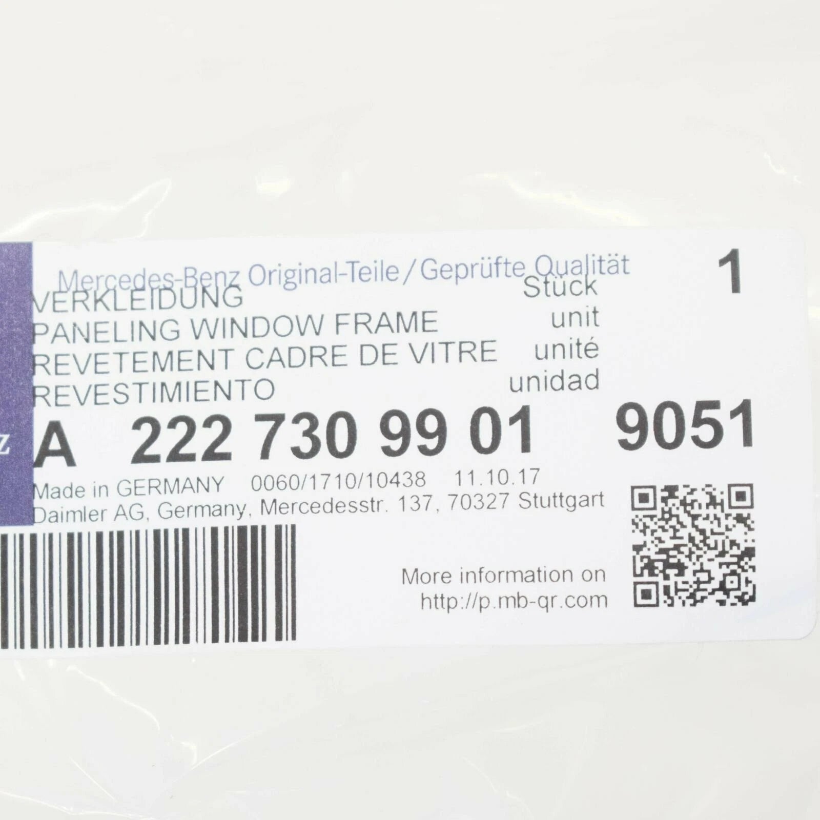 NEW MB S-CLASS W222 REAR DOOR WINDOWS INTERIOR FRAME SET A22273099019051