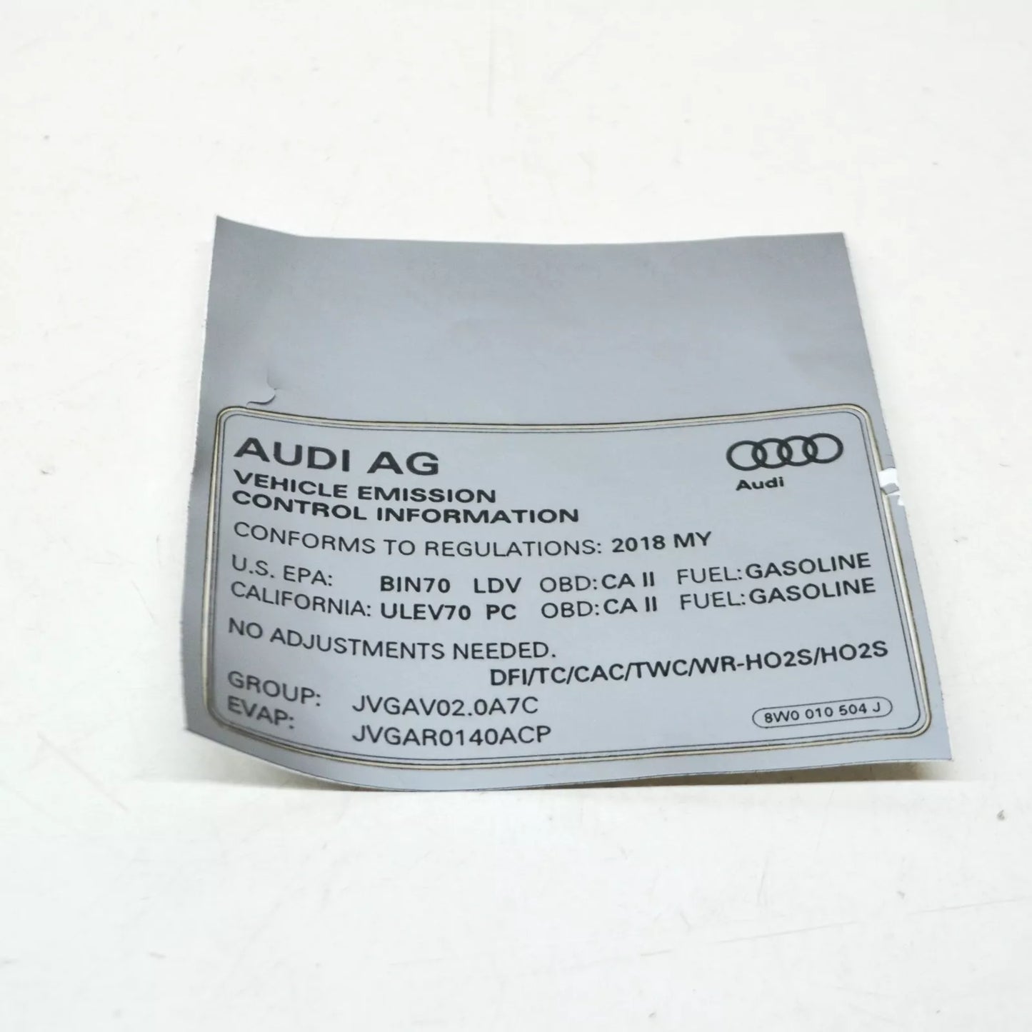 NEW AUDI A4 AVANT B9 EMISSION CONTROL INFORMATION LABEL 8W0010504J ORIGINAL