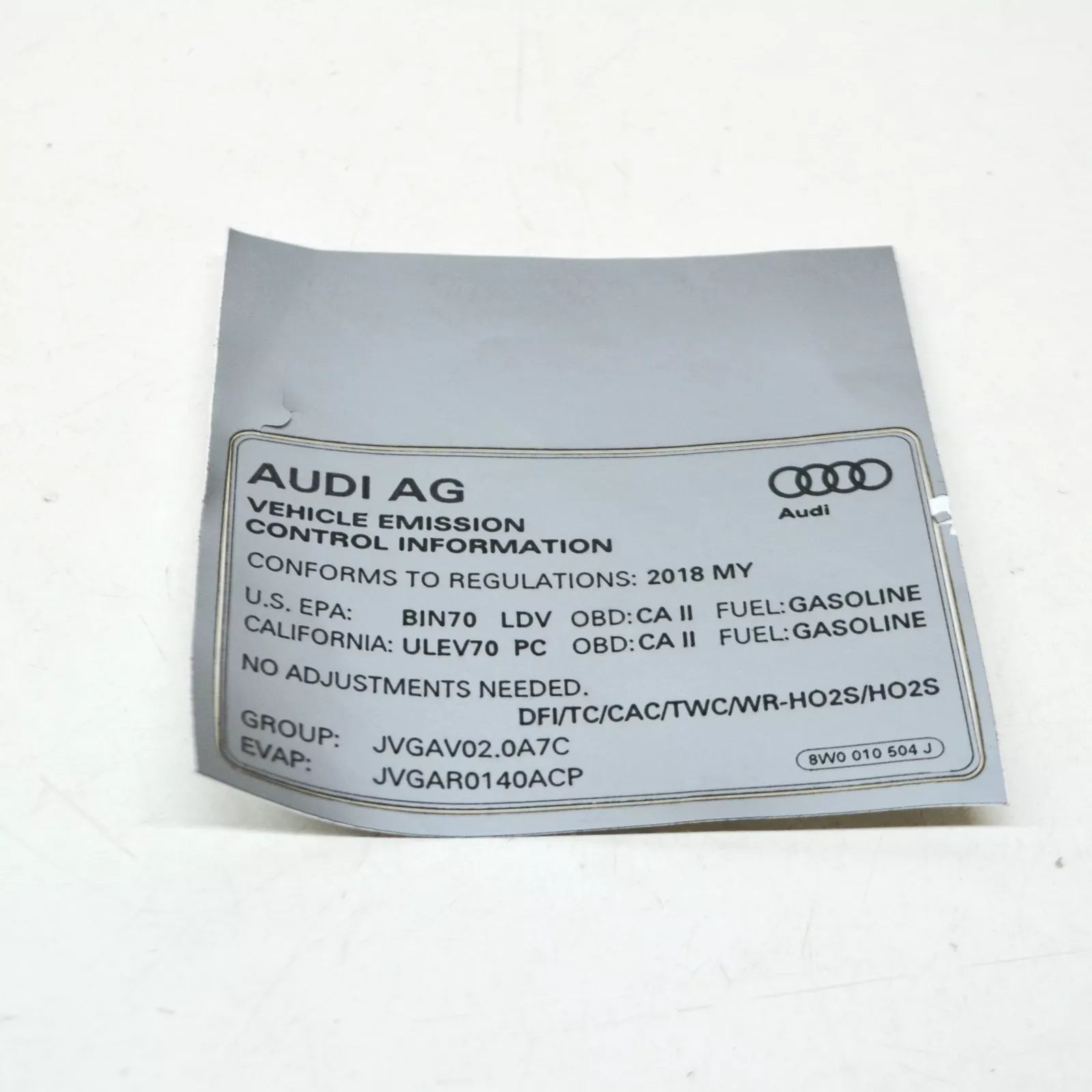 NEW AUDI A4 AVANT B9 EMISSION CONTROL INFORMATION LABEL 8W0010504J ORIGINAL