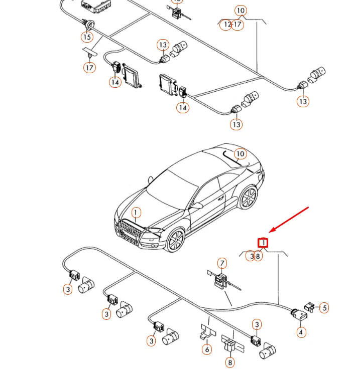 NEW AUDI Q5 8R FRONT PARKING AID SYSTEM WIRING HARNESS 8R0971095 ORIGINAL