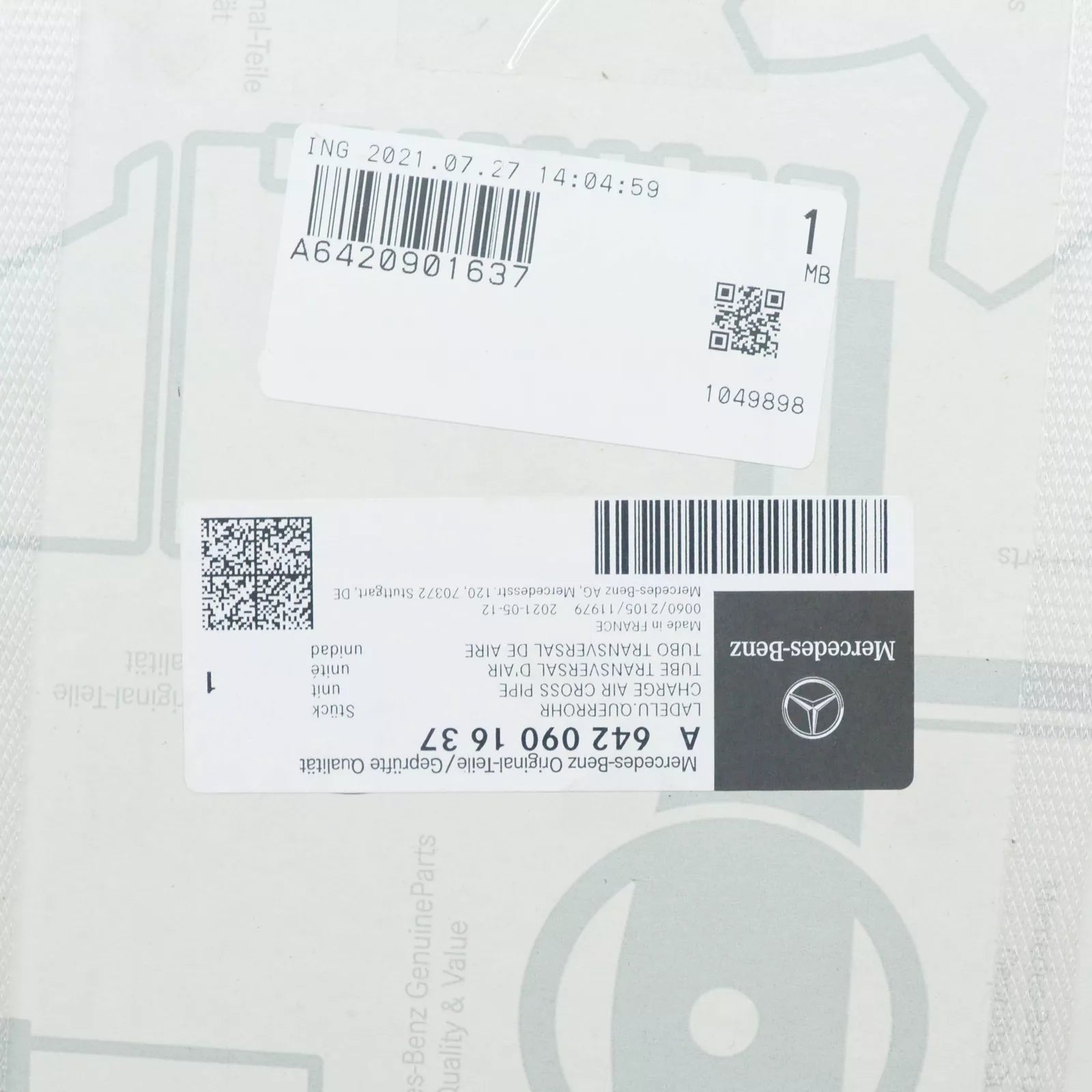 NEW MB GL X166 INTAKE MANIFOLD CHARGE AIR CROSS PIPE A6420901637 ORIGINAL